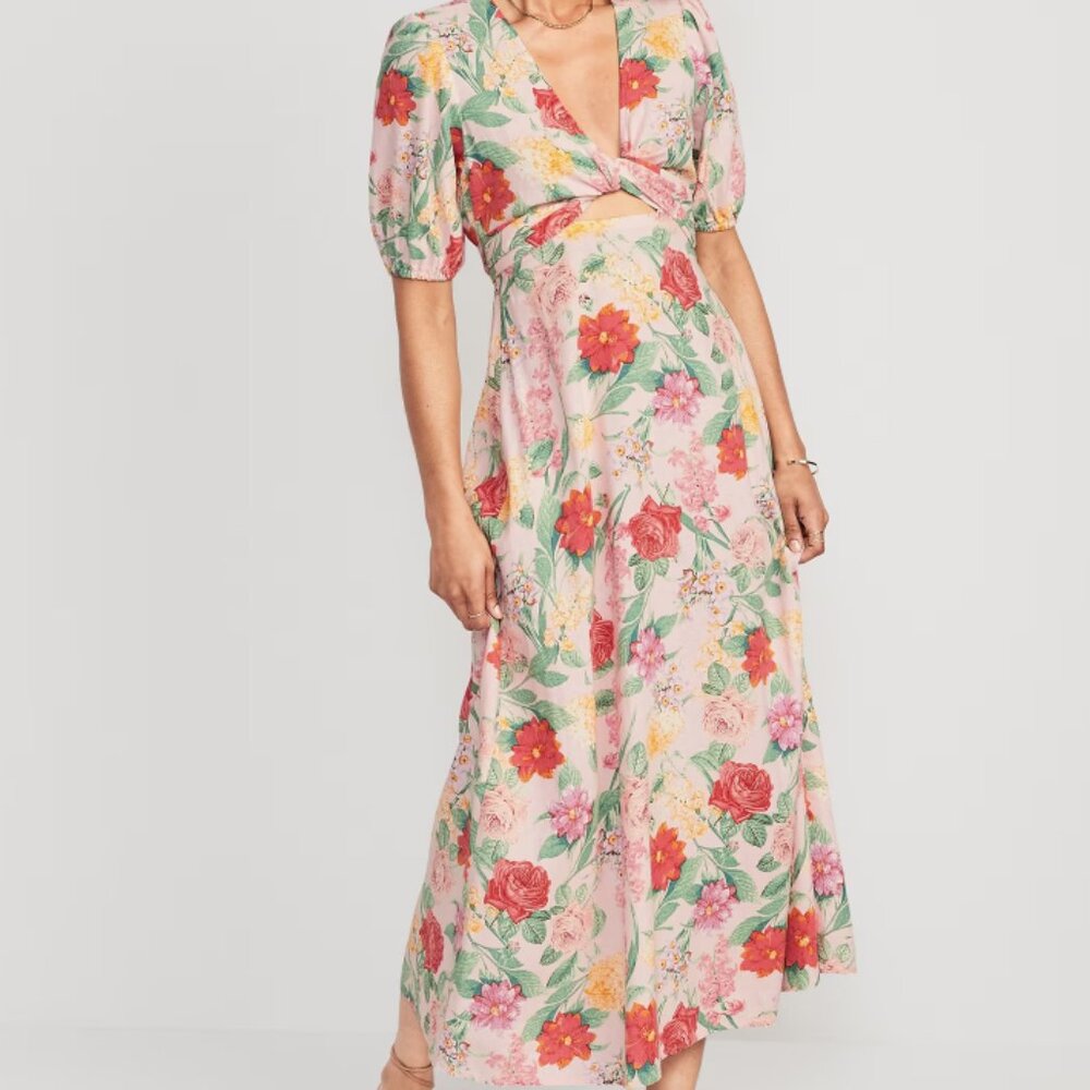 NWT Fit & Flare Floral Linen-Blend Twist-Front Midi Dress